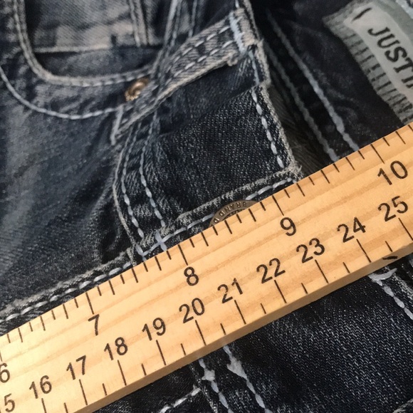 BKE Justin Jeans Mens 32L Blue Denim Flare Distressed Western Boho Festival - Picture 10 of 12